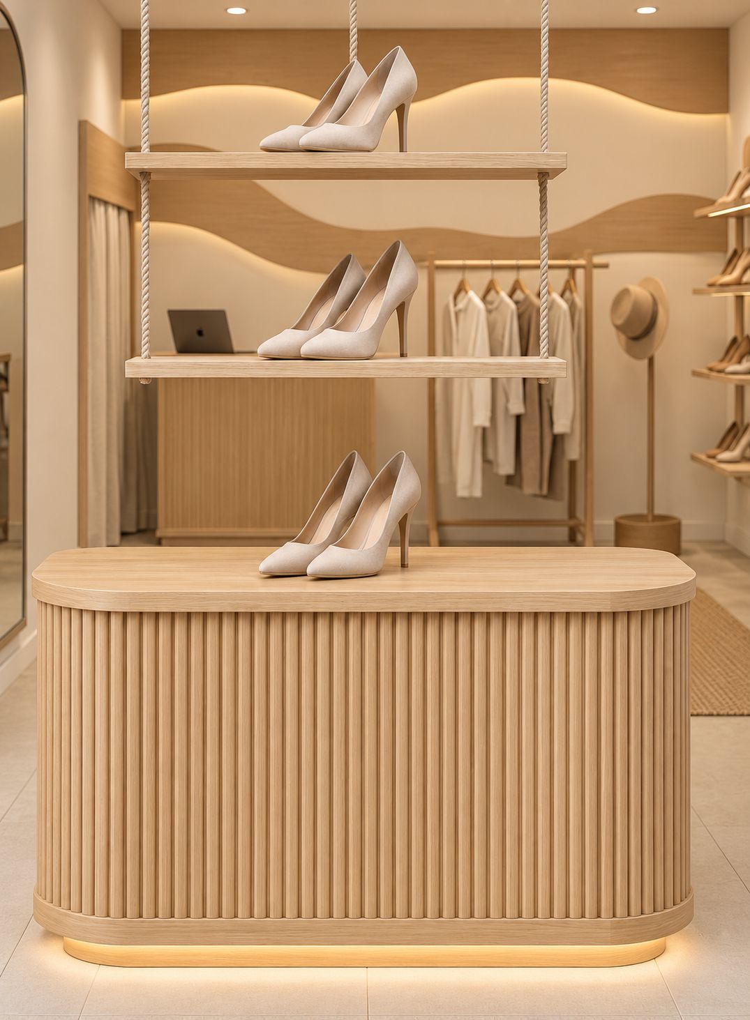 Mostrador de listones con zapatos exhibidos