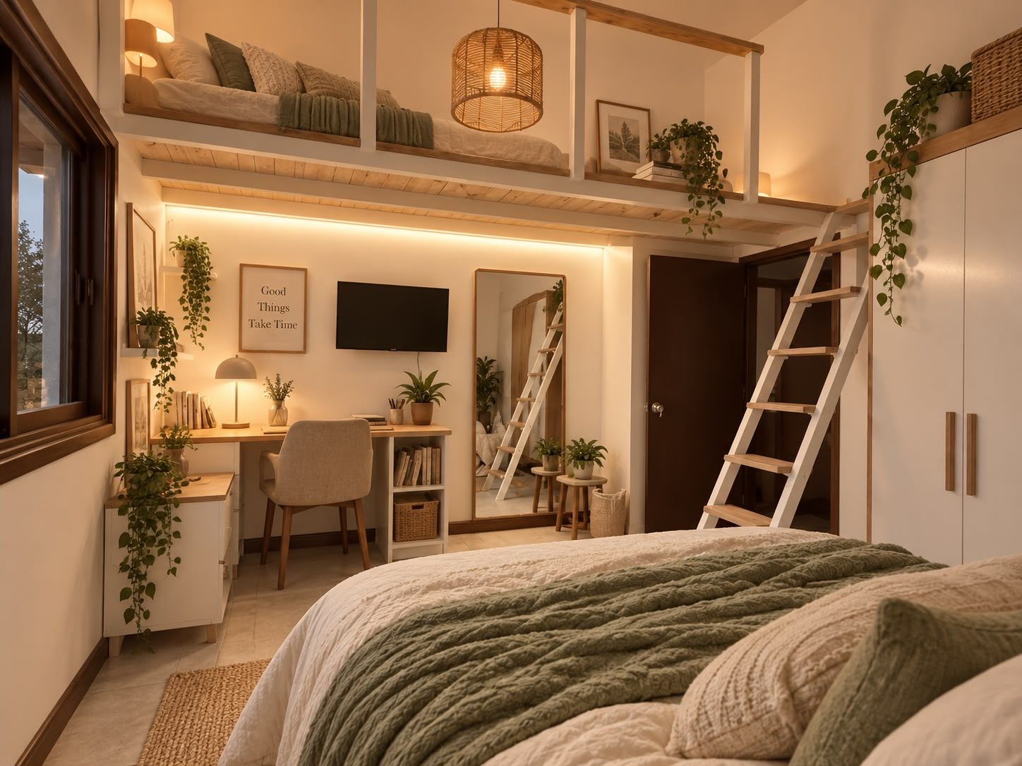 Dormitorio con entrepiso de madera y cama con manta verde