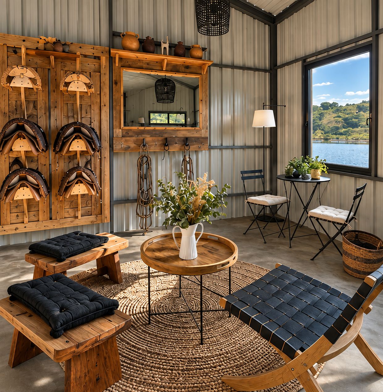 Estar de la cabaña con sillas de cuero y madera