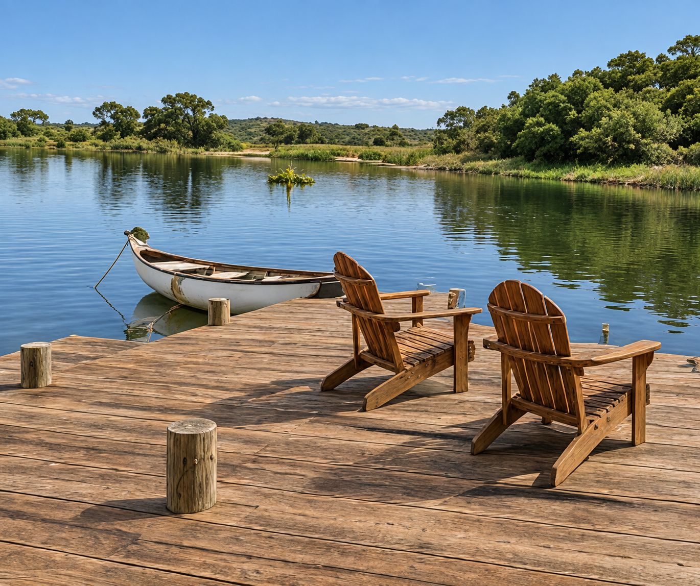 Muelle de madera con dos sillas frente al lago