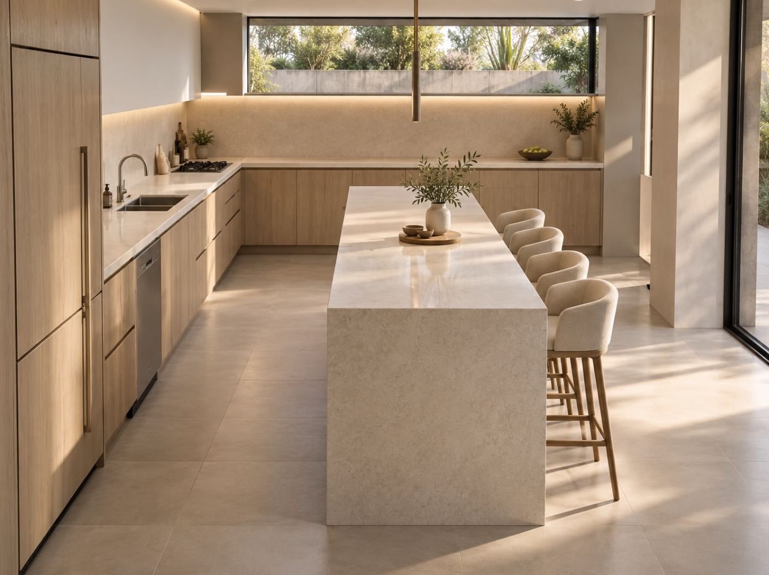 Cocina con isla de piedra clara