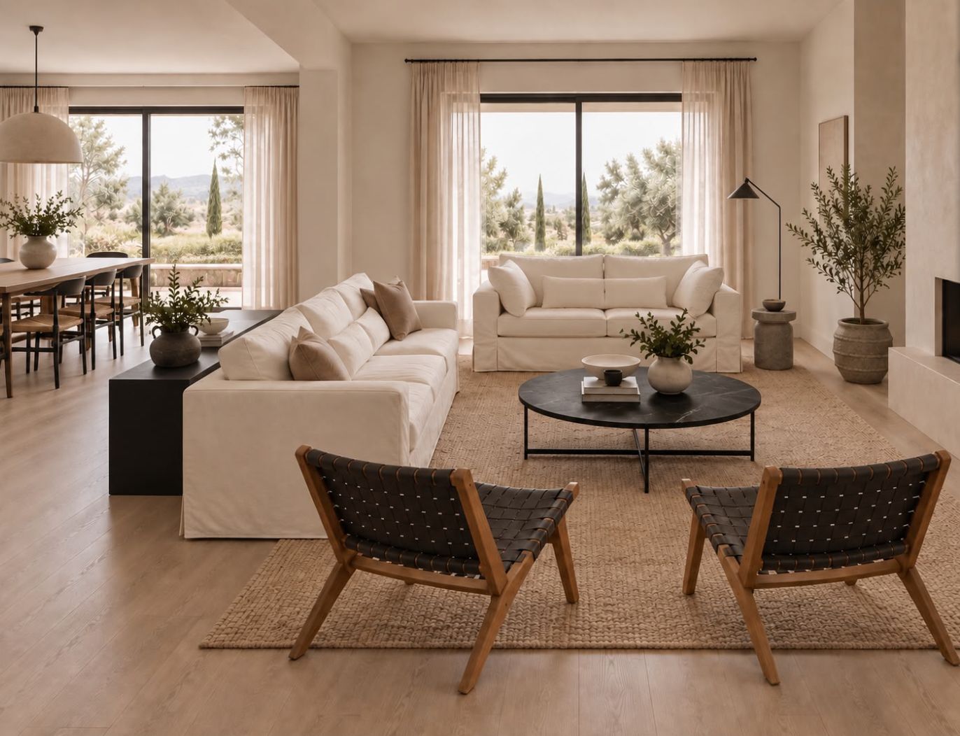 Estar con sillones claros y dos sillas de madera, luz natural lateral
