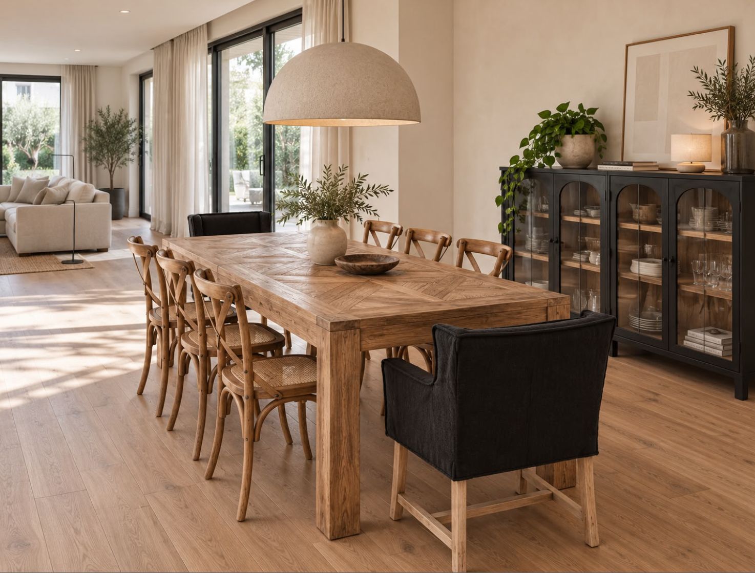 Comedor con mesa de madera y sillas negras